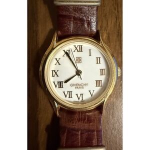 Givenchy Paris White Dial Roman Numerals Gold Case Brown Leather Band Tested